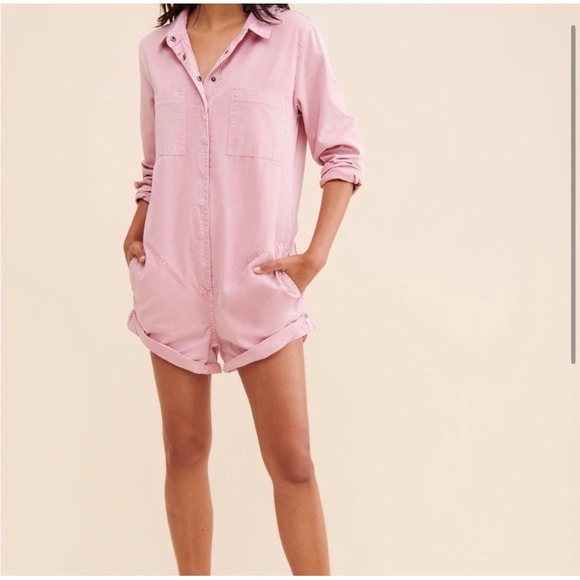Oneteaspoon Pants - One Teaspoon Prophecy Romper Pink Cotton Utility Button Front Womens Size Small